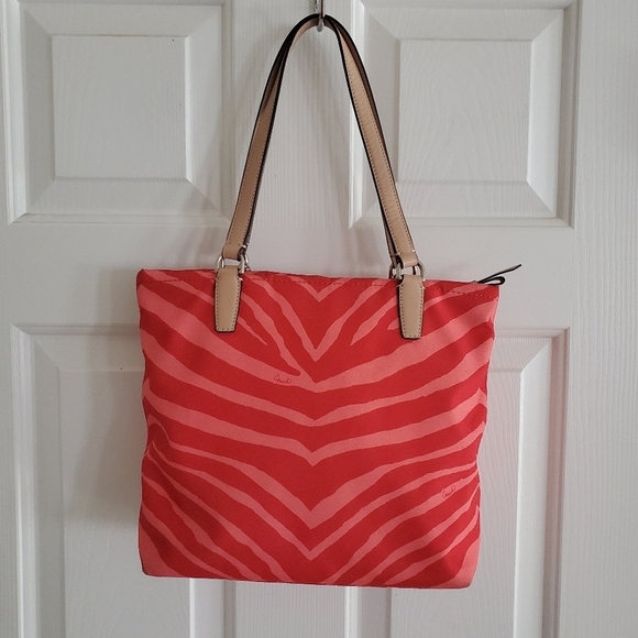 Coach Womens F23283 Orange Tan Canvas Zebra Print Leather Trim Tote Handbag - Picture 4 of 16